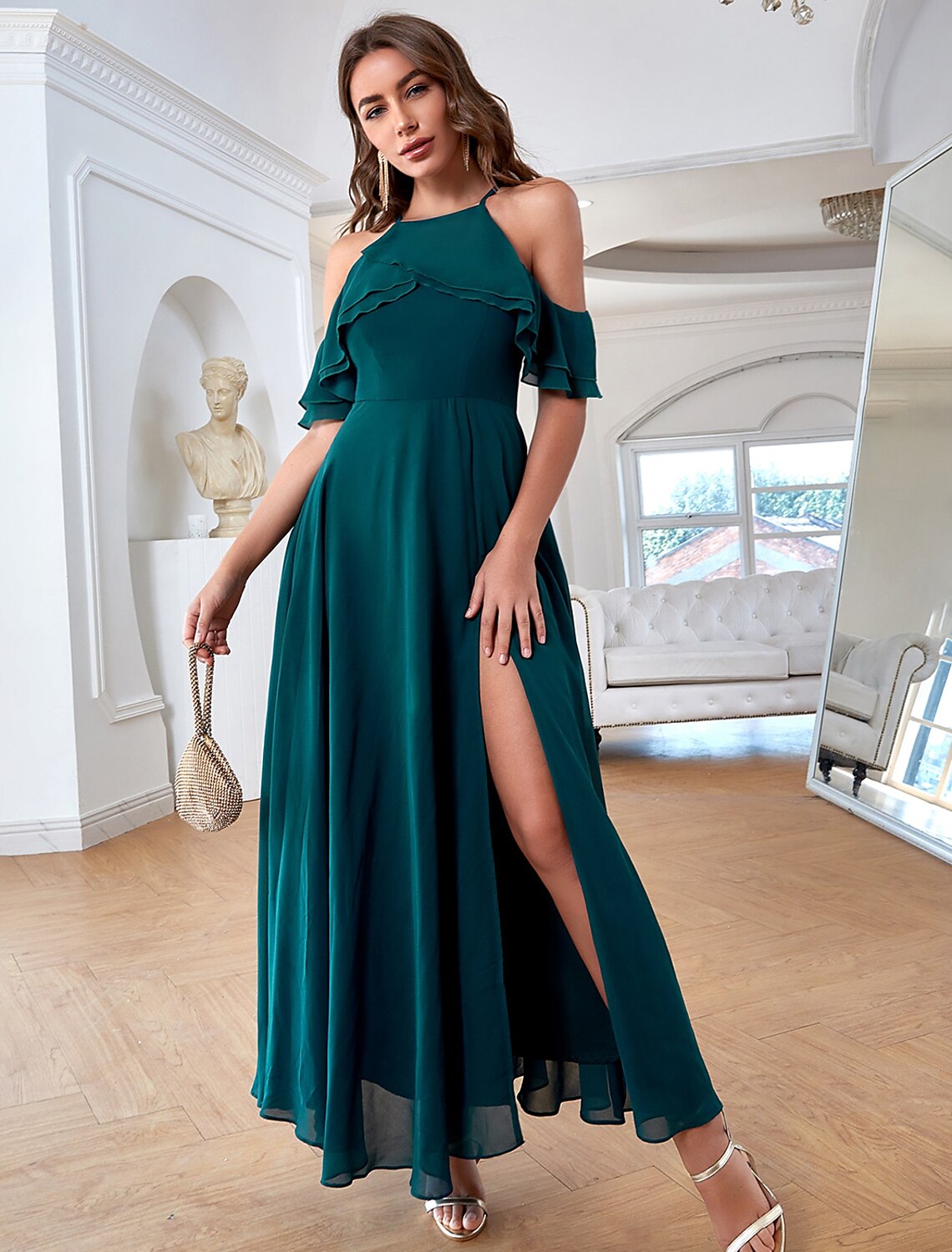 A-Linie, elegantes Vintage-Partykleid, formelles Abendkleid, Spaghettiträger, kurze Ärmel, knöchellang, Chiffon mit Rüschen, Schlitz, reine Farbe